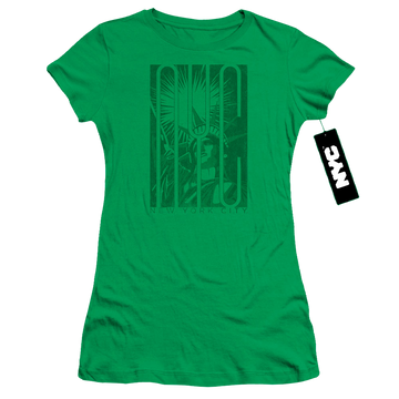 Kelly green juniors t-shirt with New York City Liberty graphic