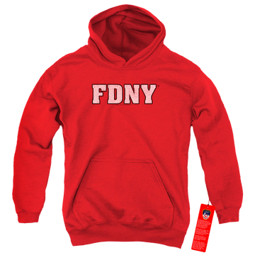 Red youth hoodie for ages 8 to 12 with New York City NYC Fdny graphic