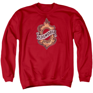 Red men's crewneck sweatshirt with Oldsmobile Detroit Emblem graphic