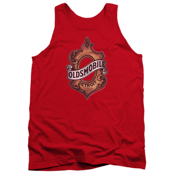 Red men's tank with Oldsmobile Detroit Emblem graphic