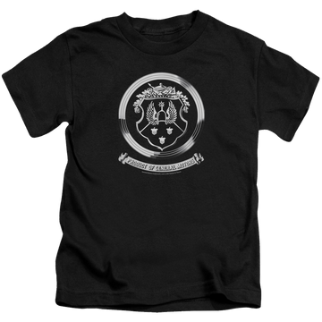 Black kid's t-shirt for ages 4 to 7 with Oldsmobile 1930s Crest Emblem graphic