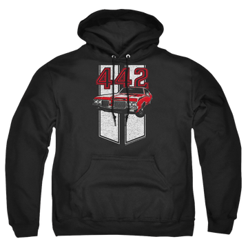Black pullover hoodie with Oldsmobile 442 graphic