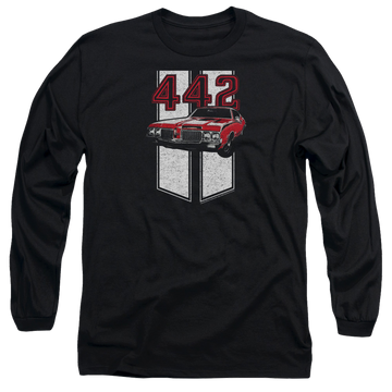 Black men's long sleeve t-shirt with Oldsmobile 442 graphic
