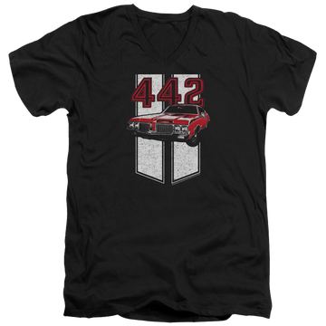 Black men's v-neck t-shirt with Oldsmobile 442 graphic