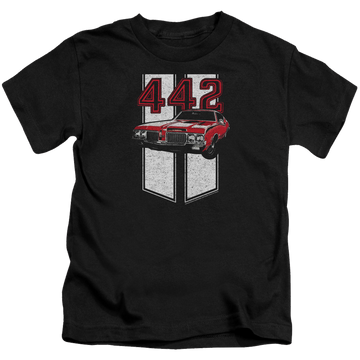 Black kid's t-shirt for ages 4 to 7 with Oldsmobile 442 graphic