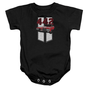 Black baby bodysuit with Oldsmobile 442 graphic