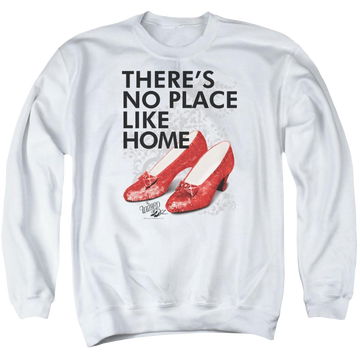 White men's crewneck sweatshirt with Wizard of Oz No Place Like Home graphic