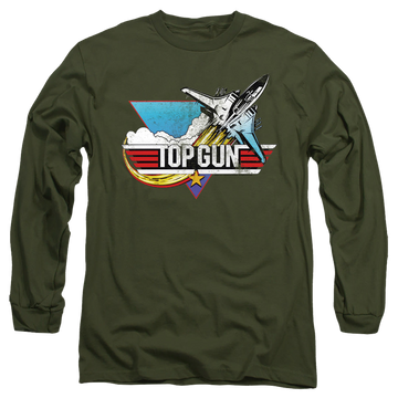 Military green men's long sleeve t-shirt with Top Gun Distressed Logo graphic