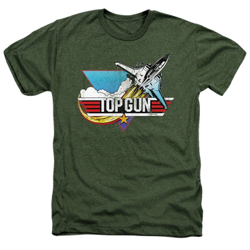 Military green men's heather t-shirt with Top Gun Distressed Logo graphic