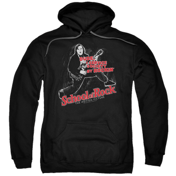 Black pullover hoodie with School of Rock Rockin graphic