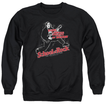 Black men's crewneck sweatshirt with School of Rock Rockin graphic
