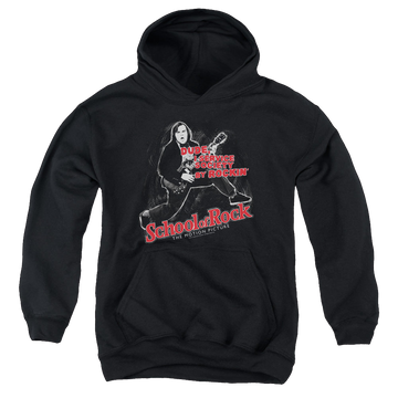 Black youth hoodie for ages 8 to 12 with School of Rock Rockin graphic