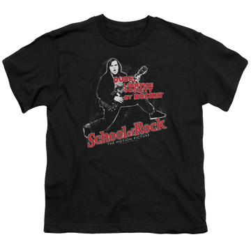 Black youth t-shirt for ages 8 to 12 with School of Rock Rockin graphic