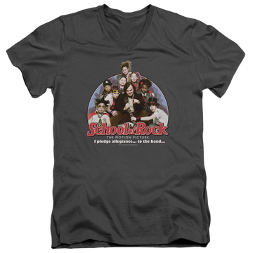 Charcoal men's v-neck t-shirt with School of Rock I Pledge Allegiance graphic