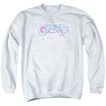 White men's crewneck sweatshirt with Grease Is The Word graphic