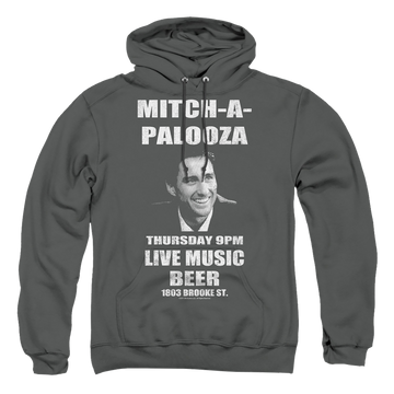 Charcoal pullover hoodie with Old School Mitchapalooza graphic