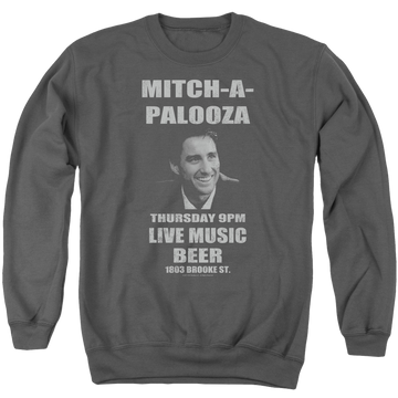 Charcoal men's crewneck sweatshirt with Old School Mitchapalooza graphic