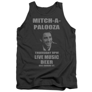 Charcoal men's tank with Old School Mitchapalooza graphic