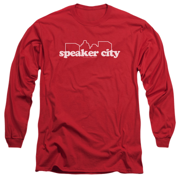 Red men's long sleeve t-shirt with Old School Speaker City Logo graphic
