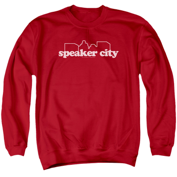 Red men's crewneck sweatshirt with Old School Speaker City Logo graphic