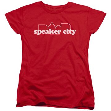 Red women's t-shirt with Old School Speaker City Logo graphic
