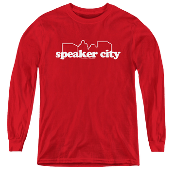 Red youth long sleeve t-shirt with Old School Speaker City Logo graphic