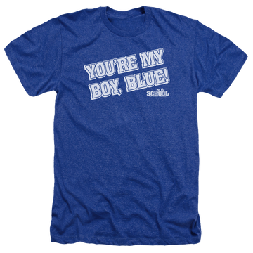 Royal men's heather t-shirt with Old School My Boy Blue graphic