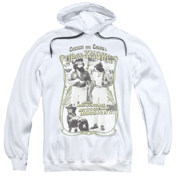 White pullover hoodie with Cheech & Chong Up in Smoke Labrador graphic