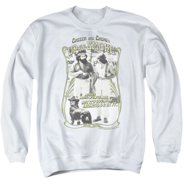 White men's crewneck sweatshirt with Cheech & Chong Up in Smoke Labrador graphic