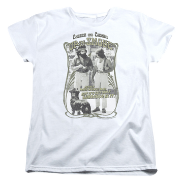 White women's t-shirt with Cheech & Chong Up in Smoke Labrador graphic
