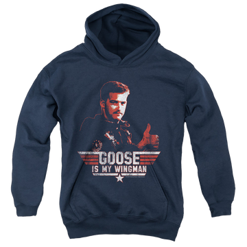 Navy youth hoodie for ages 8 to 12 with Top Gun Wingman Goose graphic
