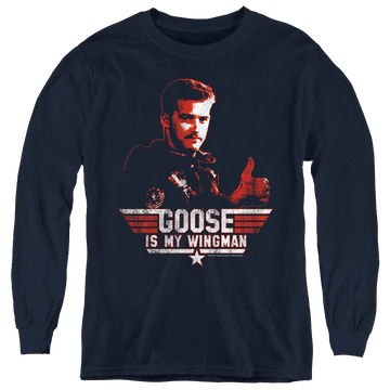 Navy youth long sleeve t-shirt with Top Gun Wingman Goose graphic