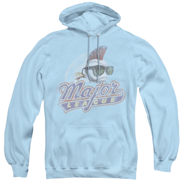 Light blue pullover hoodie with Major League Distressed Logo graphic