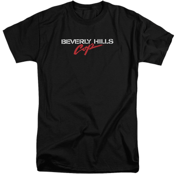 Black men's tall fit t-shirt with Beverly Hills Cop Logo graphic