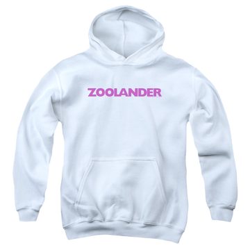White youth hoodie for ages 8 to 12 with Zoolander Logo graphic