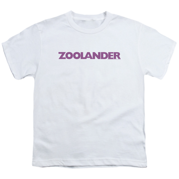 White youth t-shirt for ages 8 to 12 with Zoolander Logo graphic
