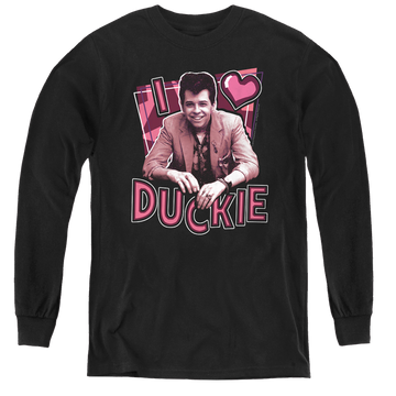Black youth long sleeve t-shirt with Pretty in Pink I Heart Duckie graphic
