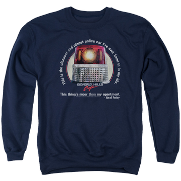 Navy men's crewneck sweatshirt with Beverly Hills Cop Nicest Police Car graphic
