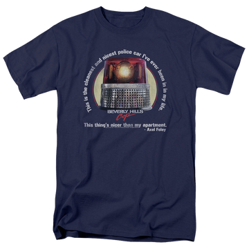Navy men's regular fit t-shirt with Beverly Hills Cop Nicest Police Car graphic