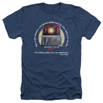Navy men's heather t-shirt with Beverly Hills Cop Nicest Police Car graphic