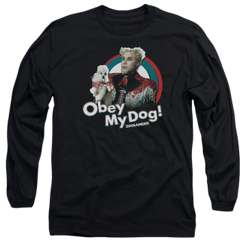 Black men's long sleeve t-shirt with Zoolander Obey My Dog graphic