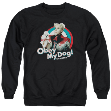Black men's crewneck sweatshirt with Zoolander Obey My Dog graphic