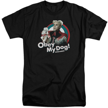 Black men's tall fit t-shirt with Zoolander Obey My Dog graphic