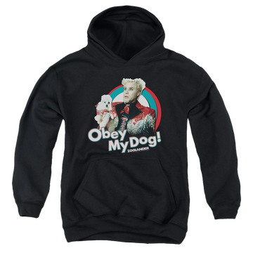 Black youth hoodie for ages 8 to 12 with Zoolander Obey My Dog graphic