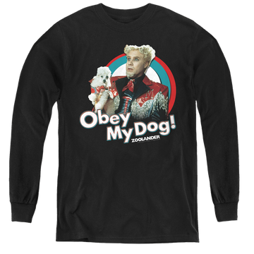 Black youth long sleeve t-shirt with Zoolander Obey My Dog graphic