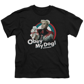 Black youth t-shirt for ages 8 to 12 with Zoolander Obey My Dog graphic