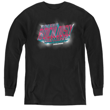 Black youth long sleeve t-shirt with Zoolander Ridiculously Good Looking graphic