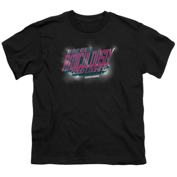 Black youth t-shirt for ages 8 to 12 with Zoolander Ridiculously Good Looking graphic