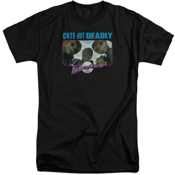 Black men's tall fit t-shirt with Galaxy Quest Cute But Deadly graphic
