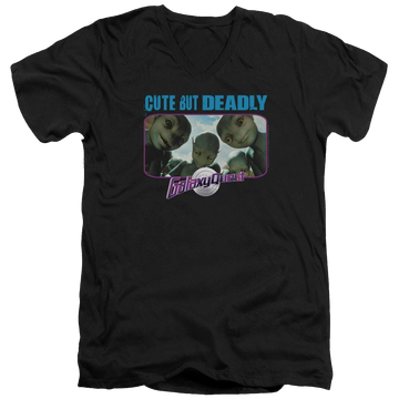 Black men's v-neck t-shirt with Galaxy Quest Cute But Deadly graphic